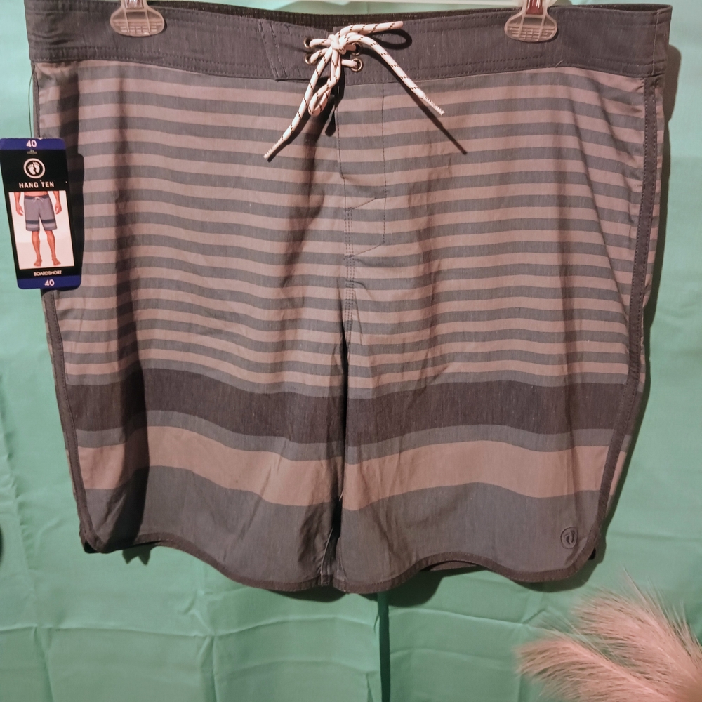 Hang Ten Men's Gray and Black Striped Board Shorts